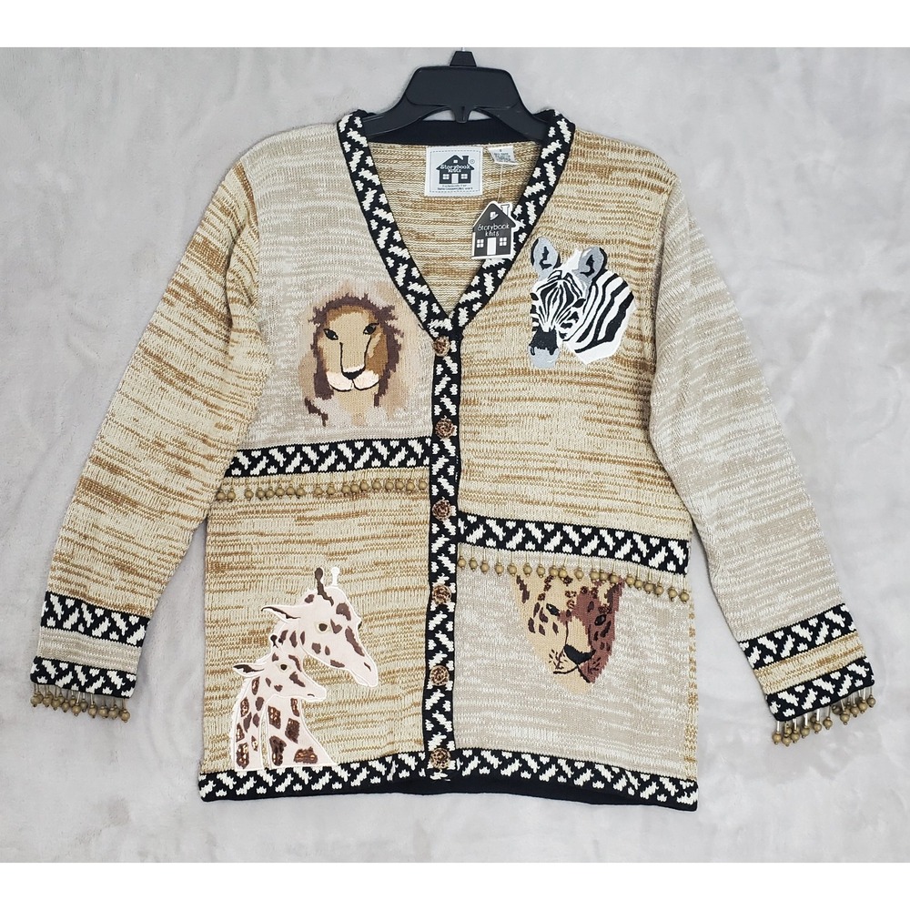 Storybook Knits Cardigan Sweater Womens Size S Safari Brown Beaded Zebra NWT